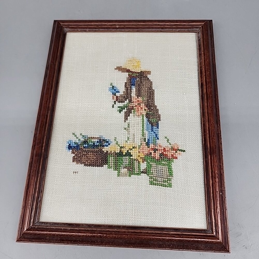 Vintage Professionally Brown Framed Needlepoint Flower Lady 8x6.5"
